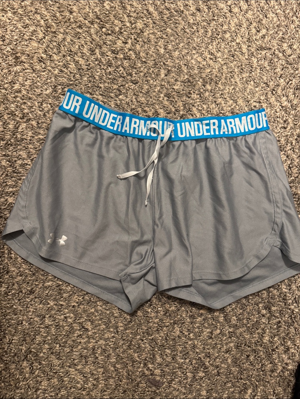 Under Armour Light Gray Athletic Shorts with Blue Logo Waistband